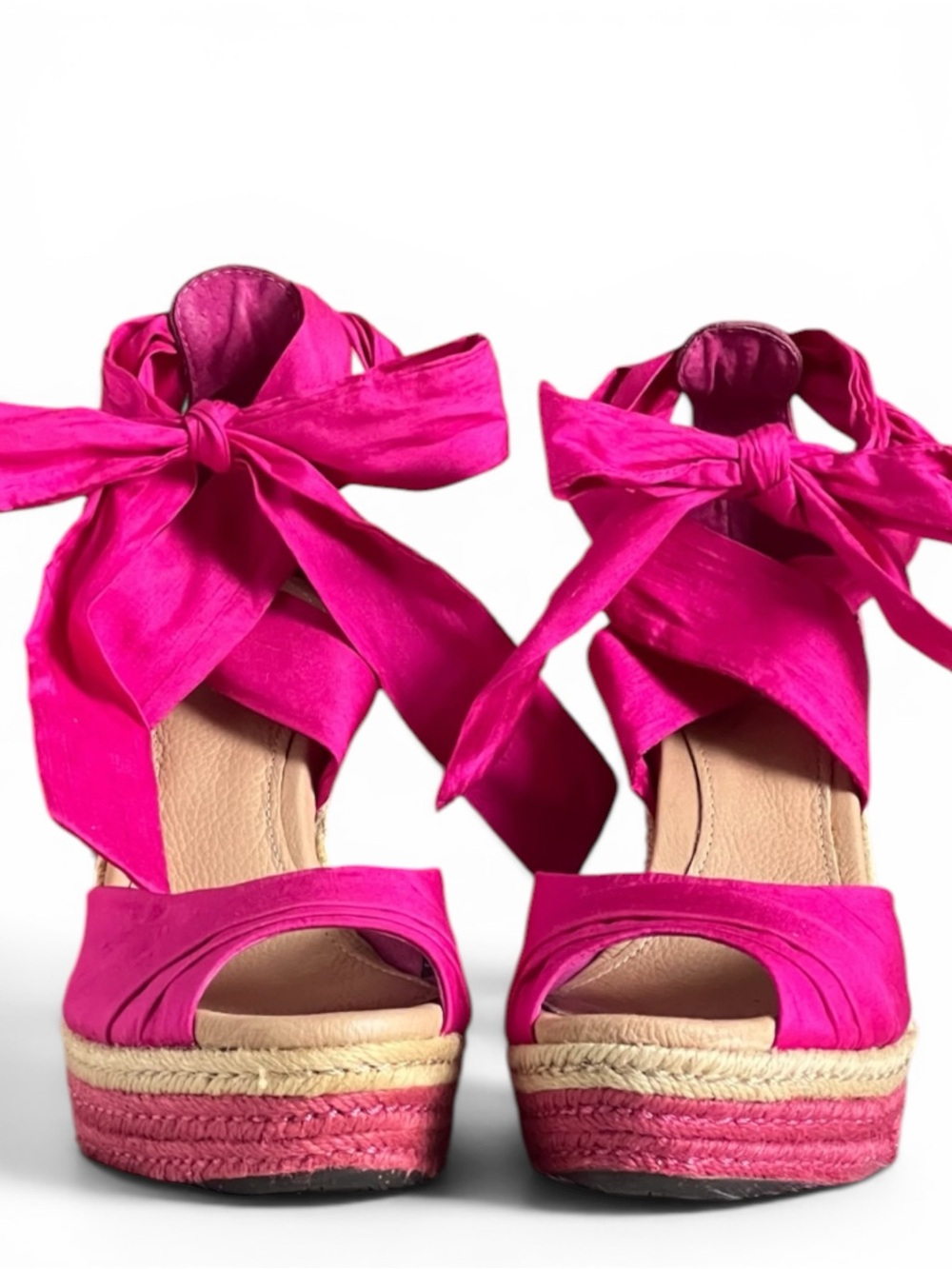 UGG Lucianna Hot Pink Satin Tie Ankle Espadrille Platform Wedge Sandals Sz 8